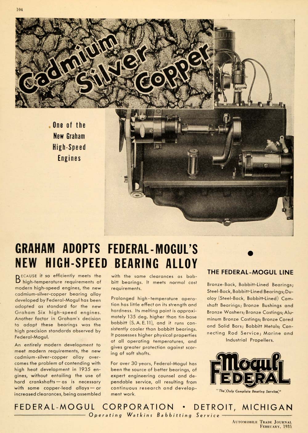 1935 Ad Cadmium Silver Copper Mogul Federal Car Engine - ORIGINAL ATJ1