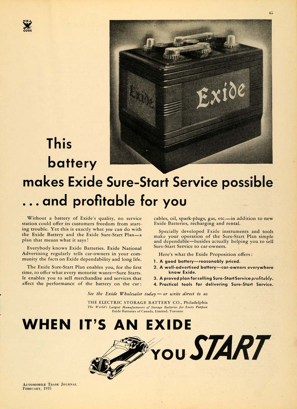 1935 Ad Electric Storage Battery Company Exide Car Battery ATJ1