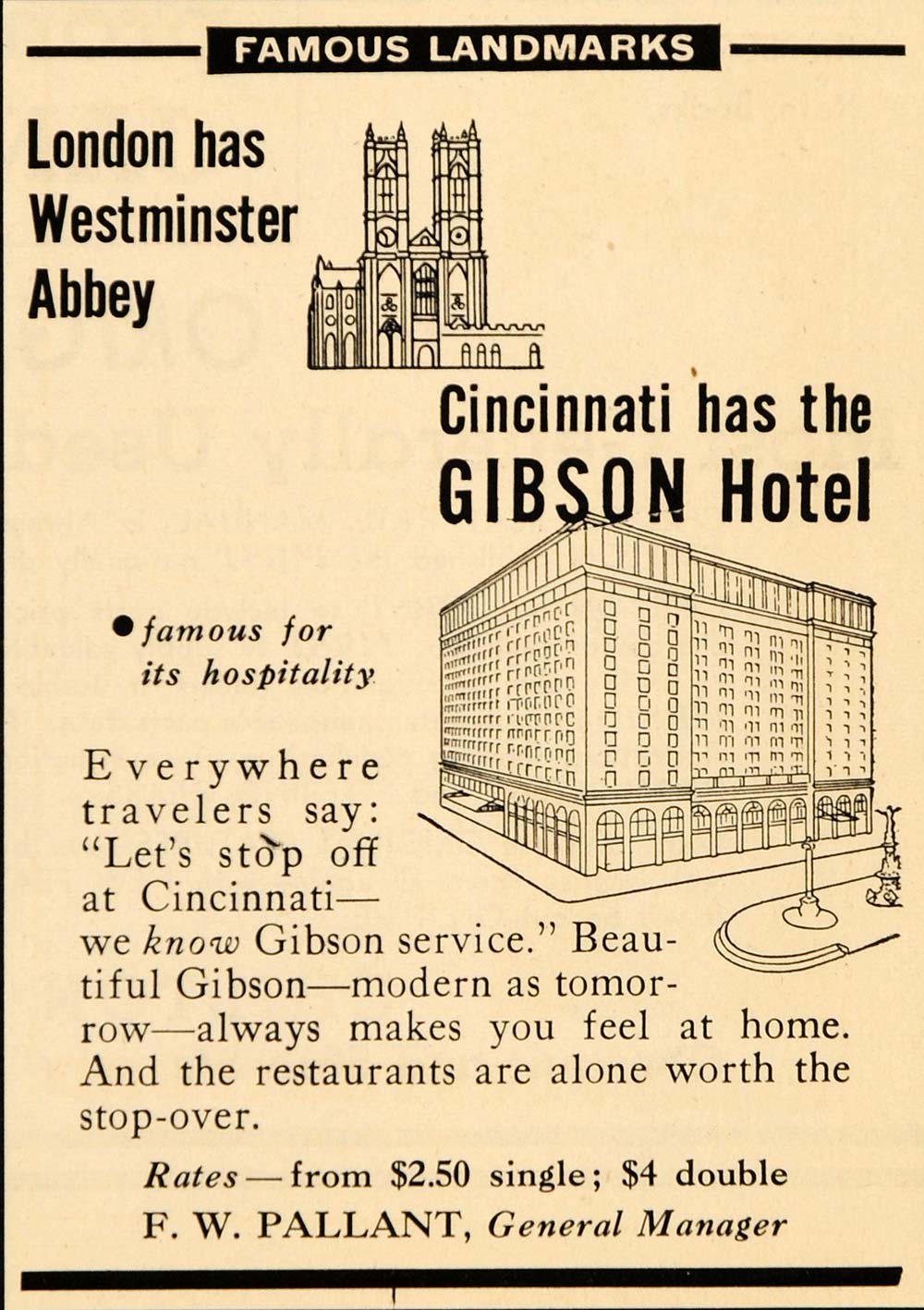 1935 Ad Gibson Hotel Famous Landmarks Westminster Abbey - ORIGINAL ATJ2