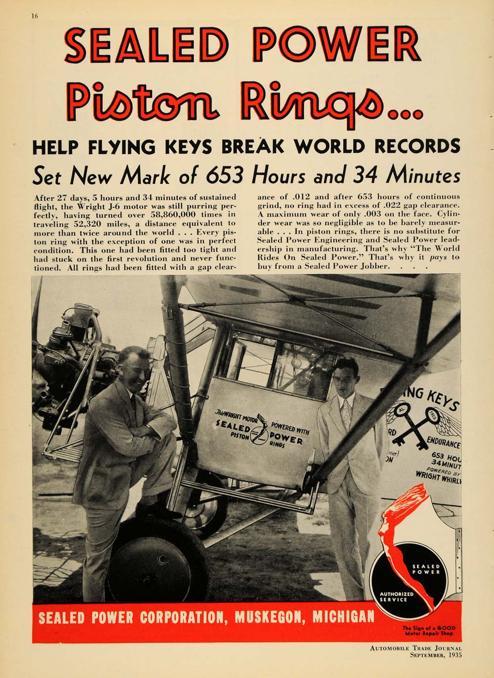 1935 Ad Piston Rings Flying Keys World Record Muskegon - ORIGINAL ATJ2