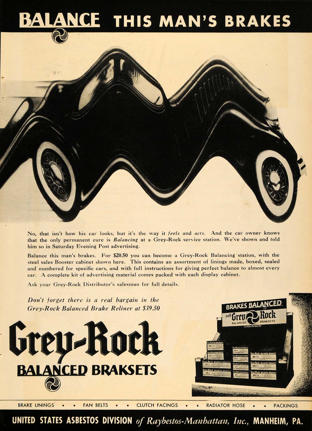 1935 Ad Asbestos Division Car Brakes Grey Rock Braksets - ORIGINAL ATJ2
