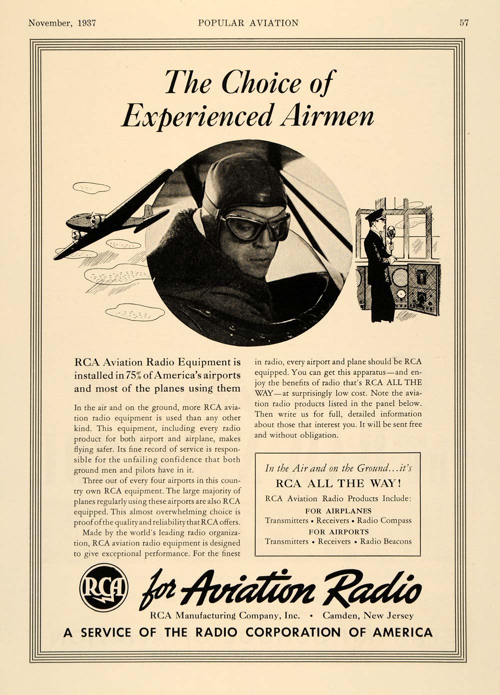 1937 Ad RCA Aviation Radio Equipment Airplane Parts - ORIGINAL ADVERTISING AV1