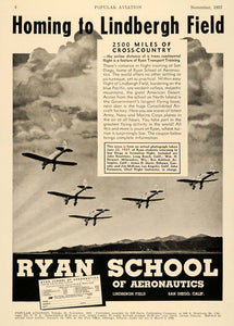 1937 Ad Ryan School Aeronautic Lindbergh Field Airplane - ORIGINAL AV1