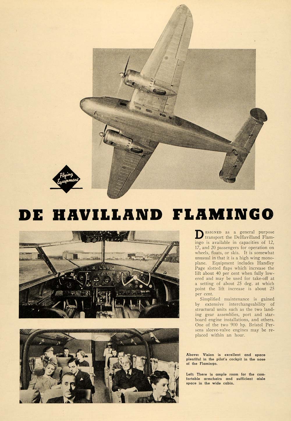 1939 Ad De Havilland Flamingo Passenger Plane Cockpit - ORIGINAL ADVERTISING AV2