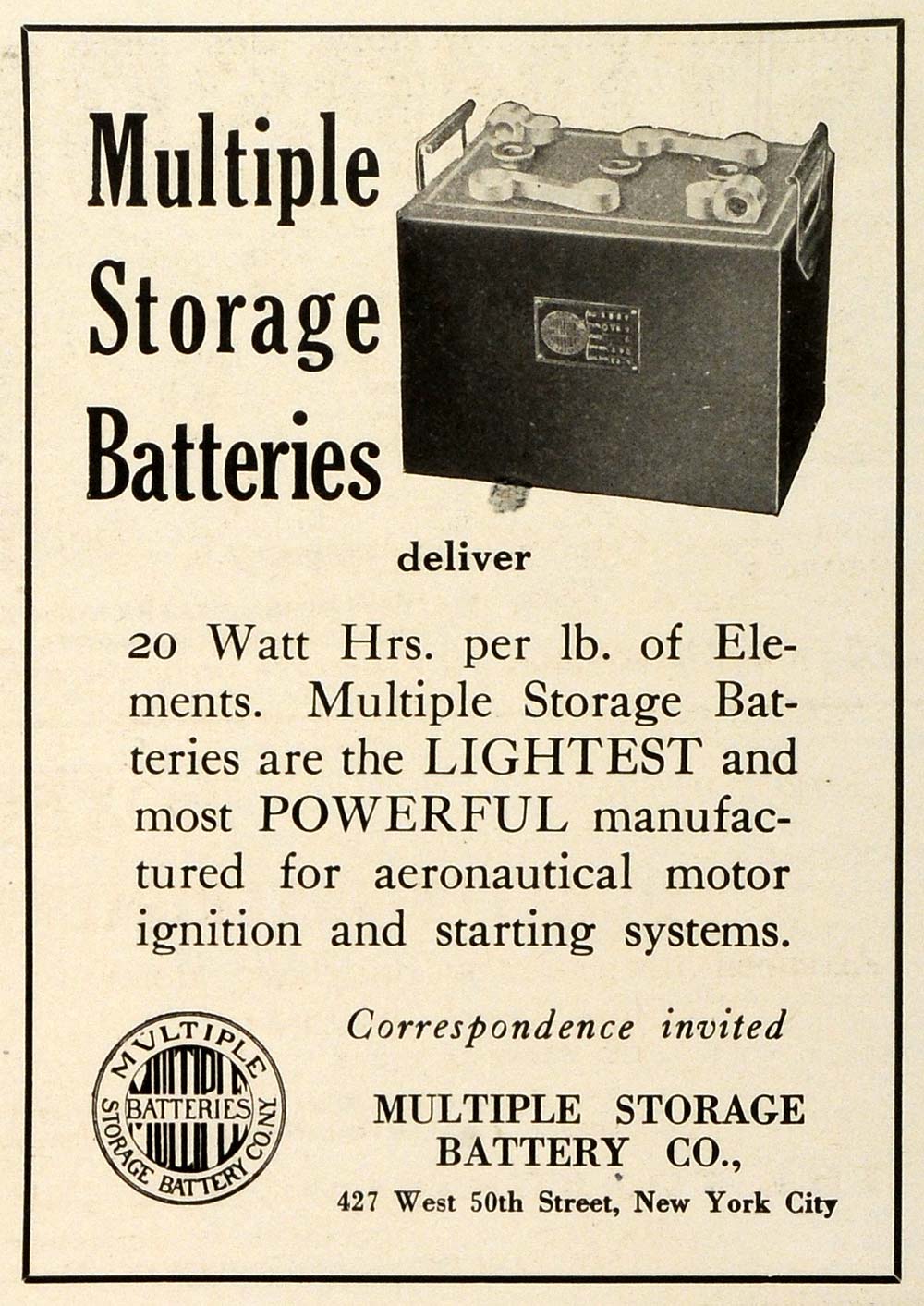 1918 Ad Multiple Storage Battery Co Logo Aircraft Aeronautical Motor AV2