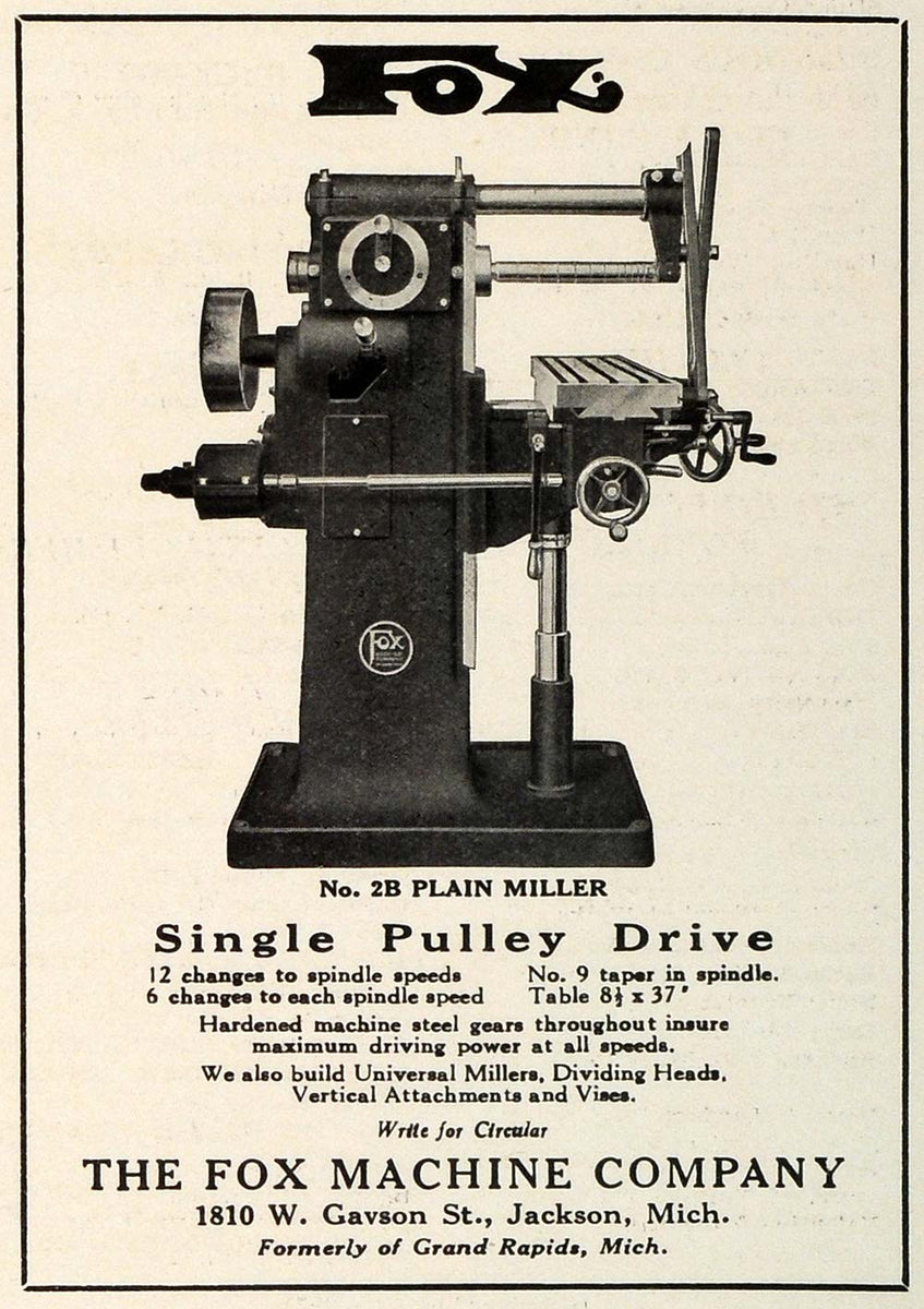 1918 Ad Fox Machine Single Pulley Drive Plain Miller 2B Machinery Tool ...