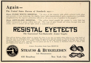 1918 Ad Strauss & Buegeleisen Resistal Eyetects Aviator Goggles Aircraft AV2