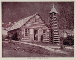 1893 Duotone Print Greek Log Church Juneau Alaska Buel - ORIGINAL AW2