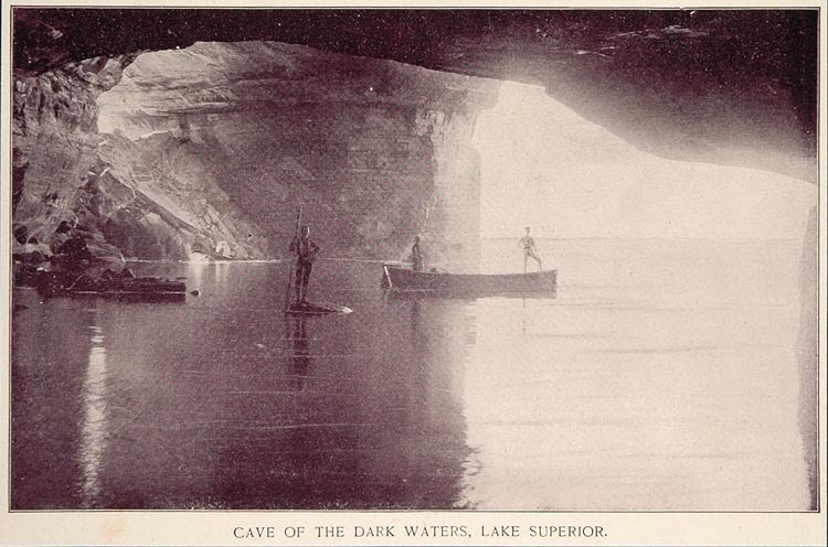 1893 Print Cave of the Dark Waters Lake Superior Boat ORIGINAL HISTORIC AW2