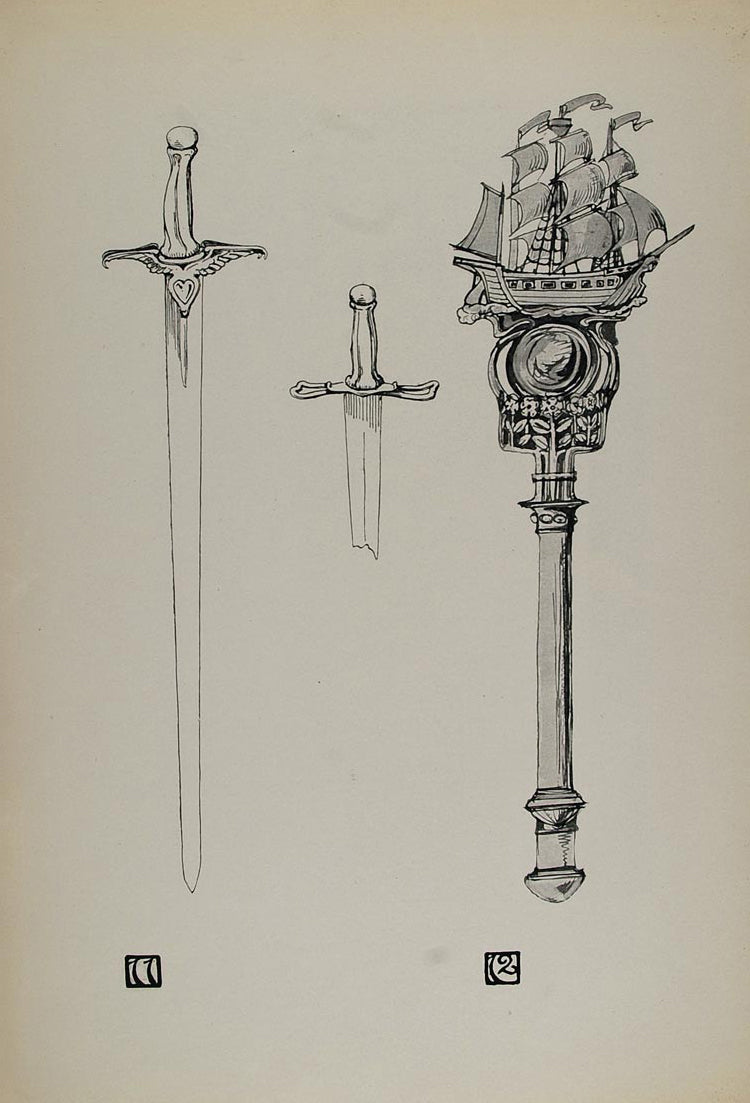 1899 Print Sword Truehearte London Sceptre Alex Fisher ORIGINAL HISTORIC BA1