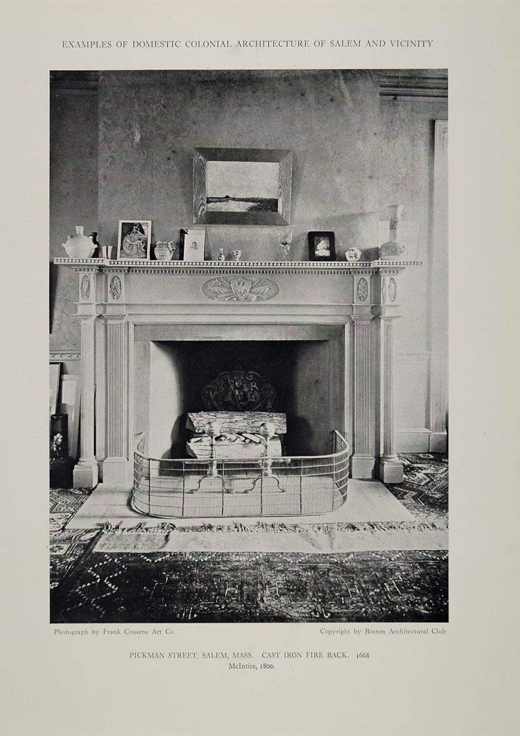 1911 Print Mantel Fireplace Fire Back House Salem MA - ORIGINAL HISTORIC BAC1