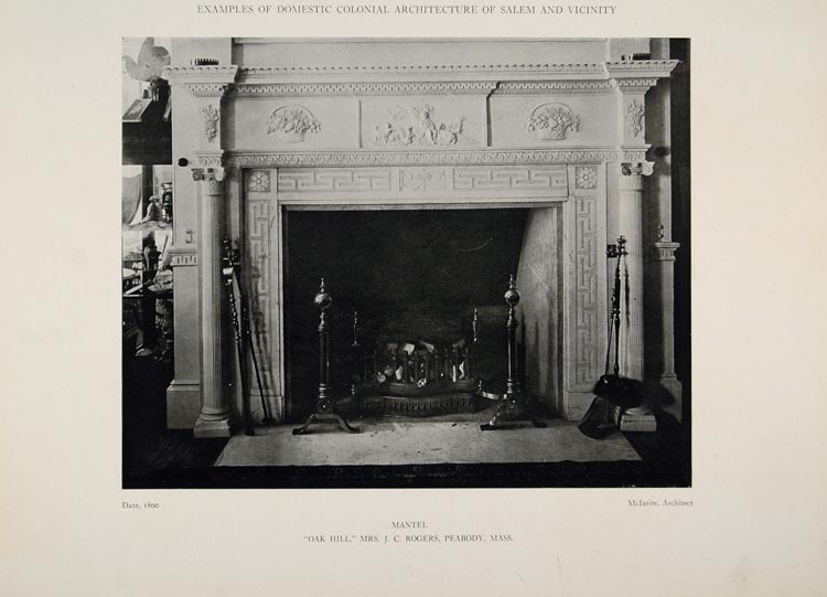 1911 Print Mantel Fireplace Oak Hill Rogers Peabody MA ORIGINAL HISTORIC BAC1