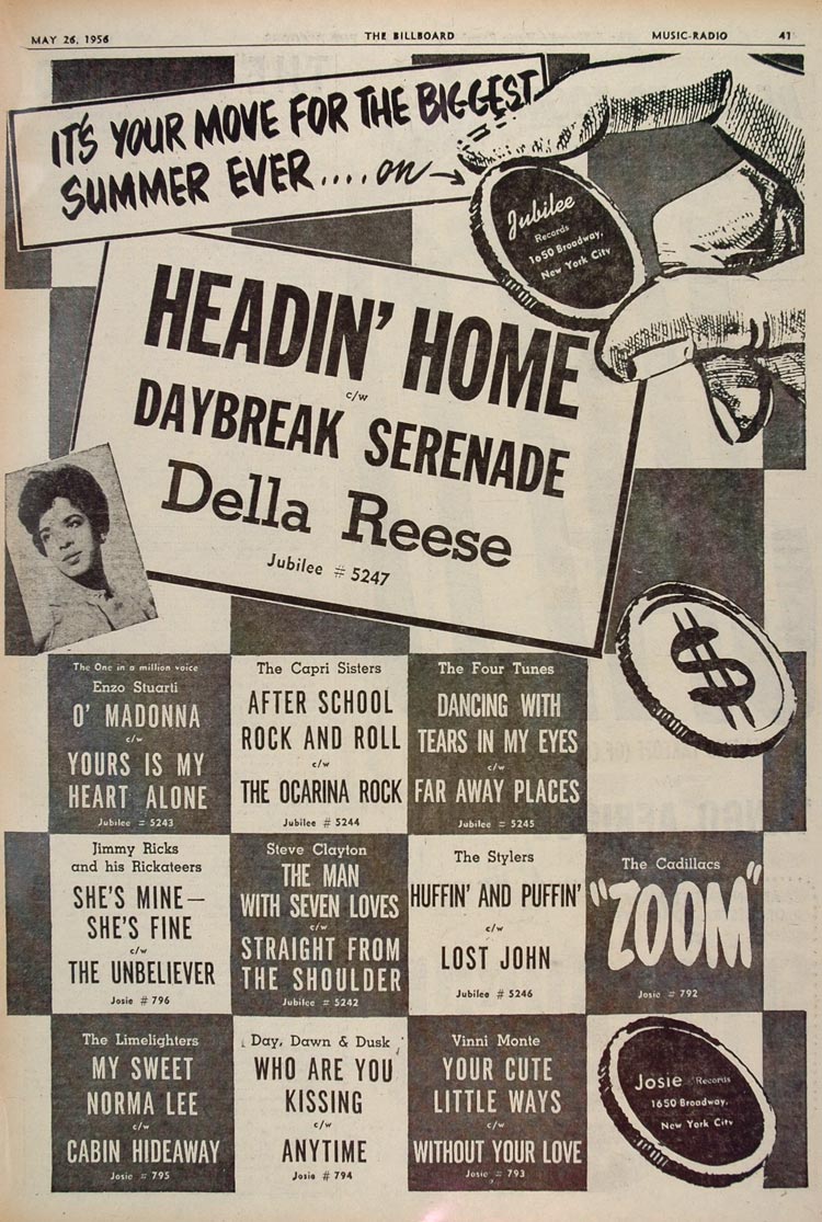1956 Ad Jubilee Josie Records R&B Songs Della Reese - ORIGINAL ADVERTISING BBM1