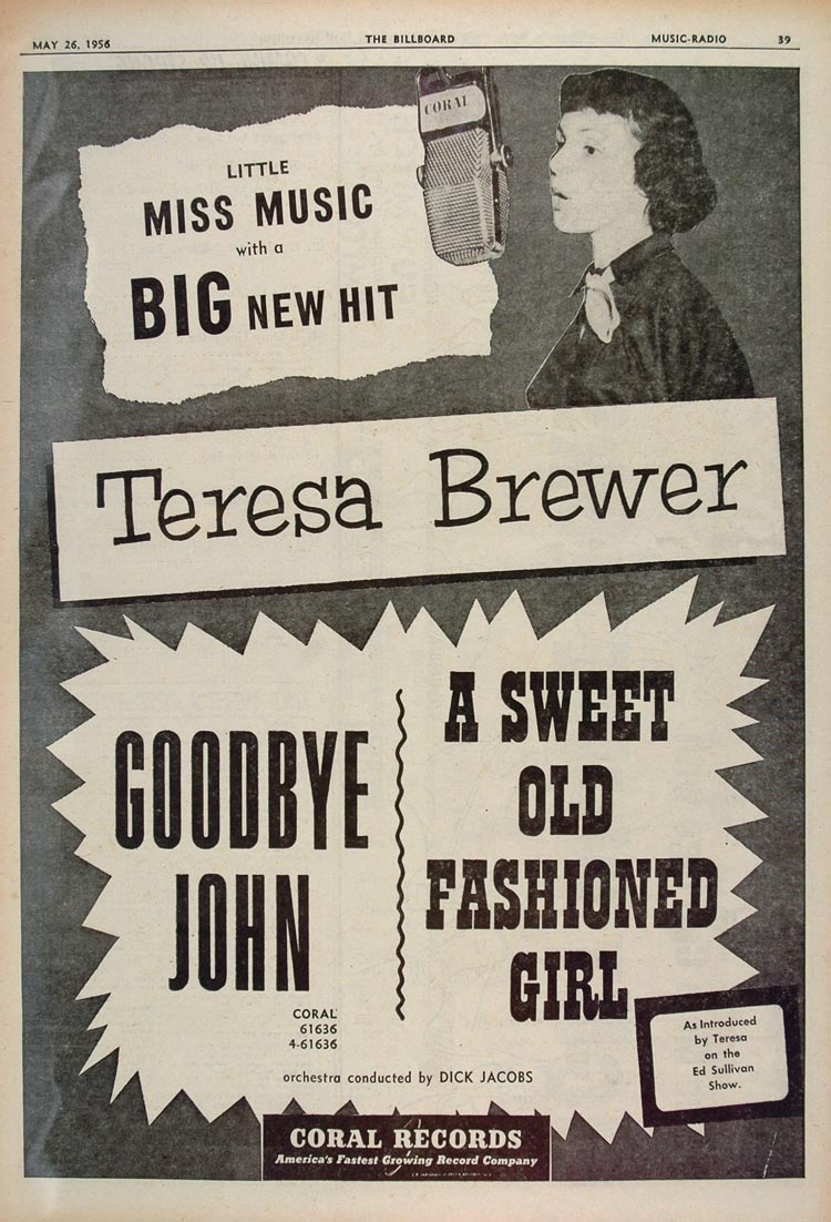 1956 Ad Teresa Brewer Sweet Old-Fashioned Girl Coral - ORIGINAL ADVERTISING BBM1