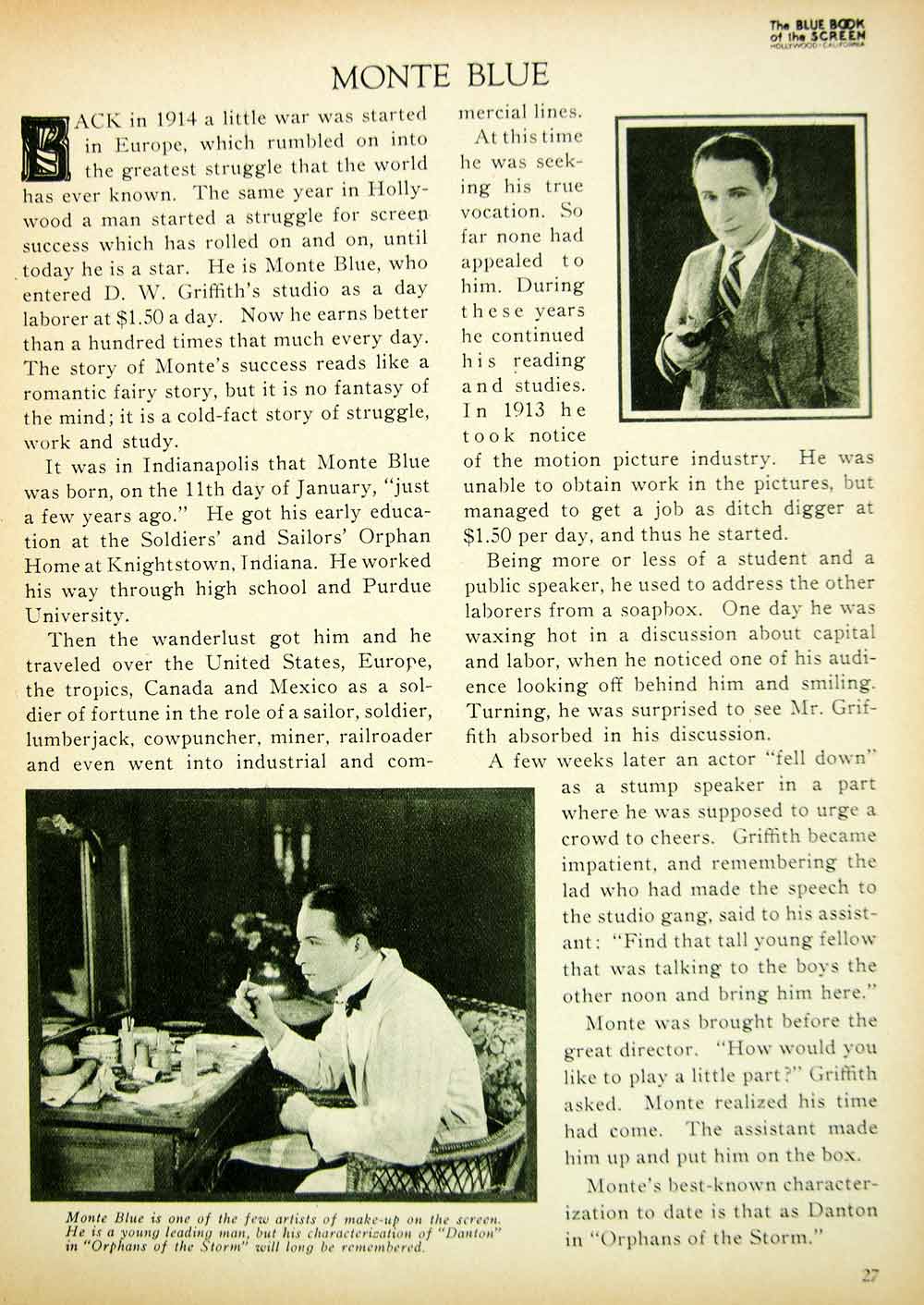 1923 Print Monte Blue Silent Film Actor Movie Star Portrait Hollywood Bio BBS1