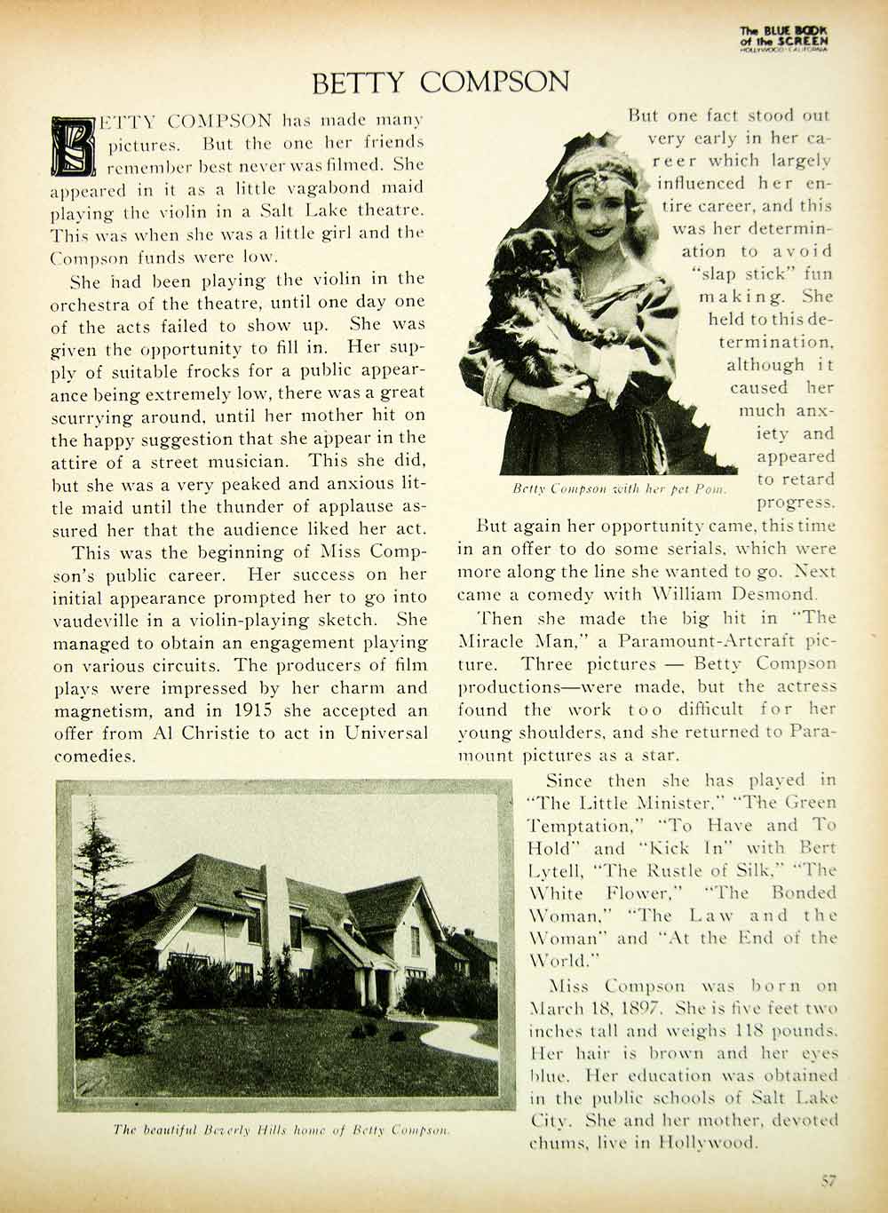 1923 Print Betty Compson Silent Film Actress Movie Star Portrait Biography BBS1