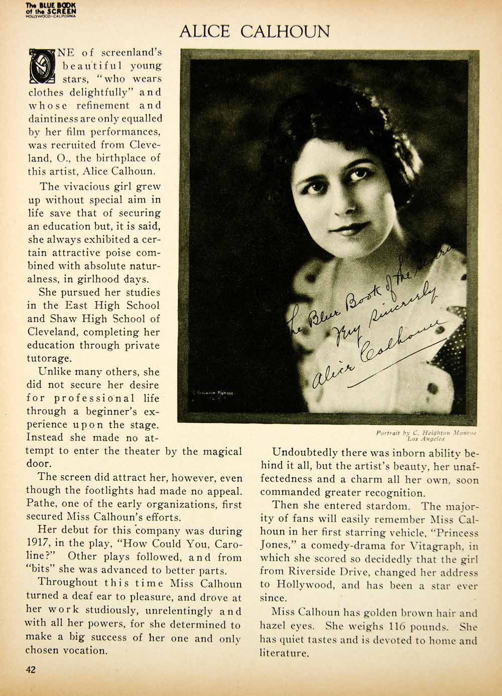 1923 Print Alice Calhoun Silent Film Actress Movie Star Portrait Biography BBS2