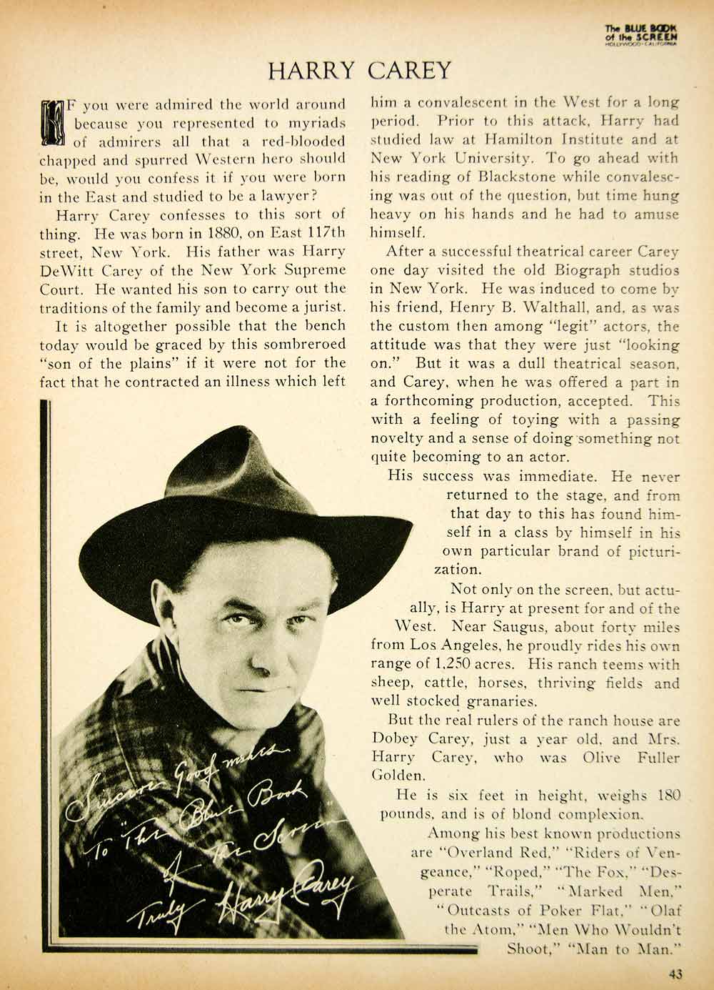 1923 Print Harry Carey Silent Film Actor Star Westerns Portrait Biography BBS2
