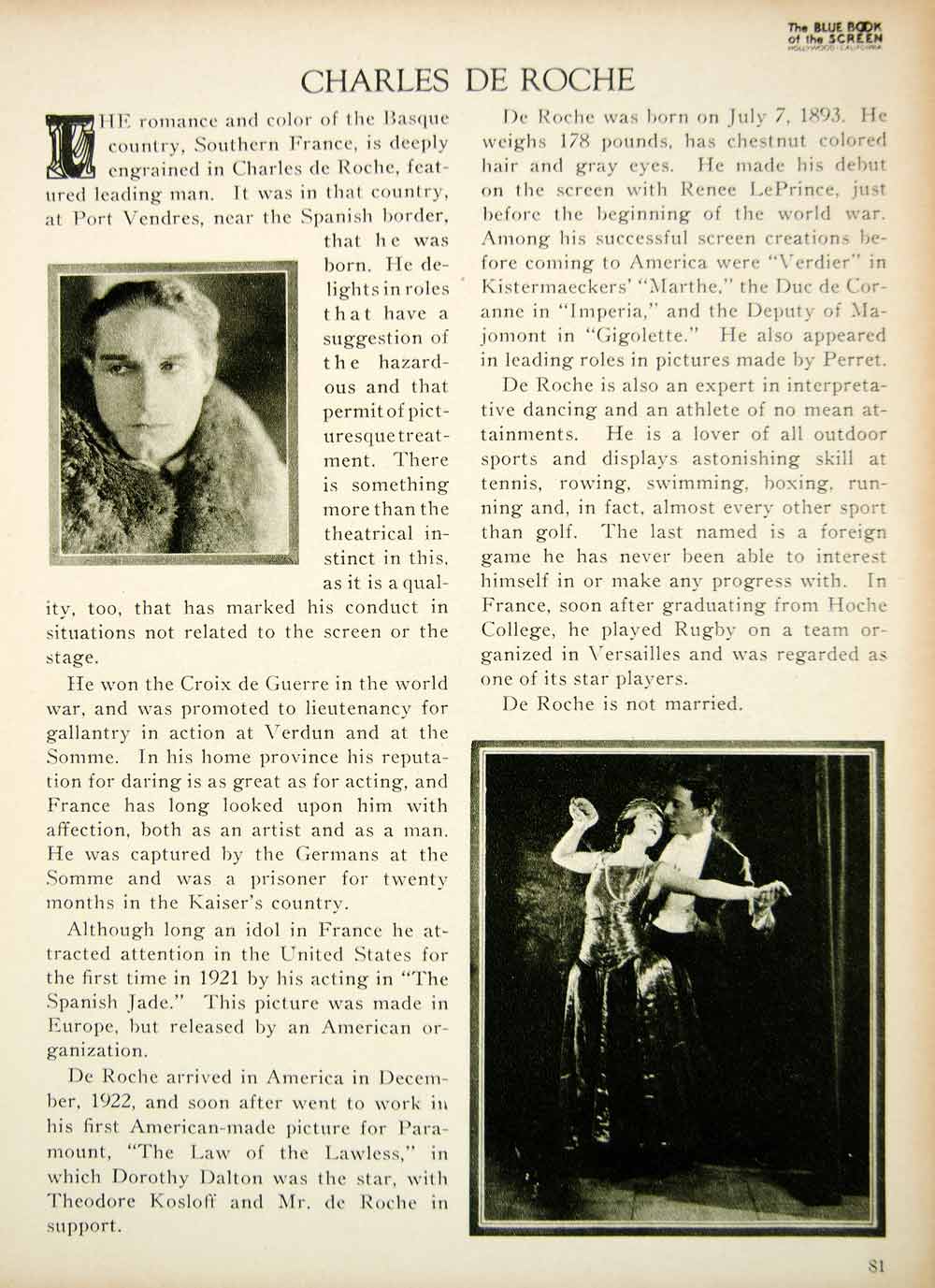 1923 Print Charles de Roche Rochefort Silent Film Actor French Biography BBS2