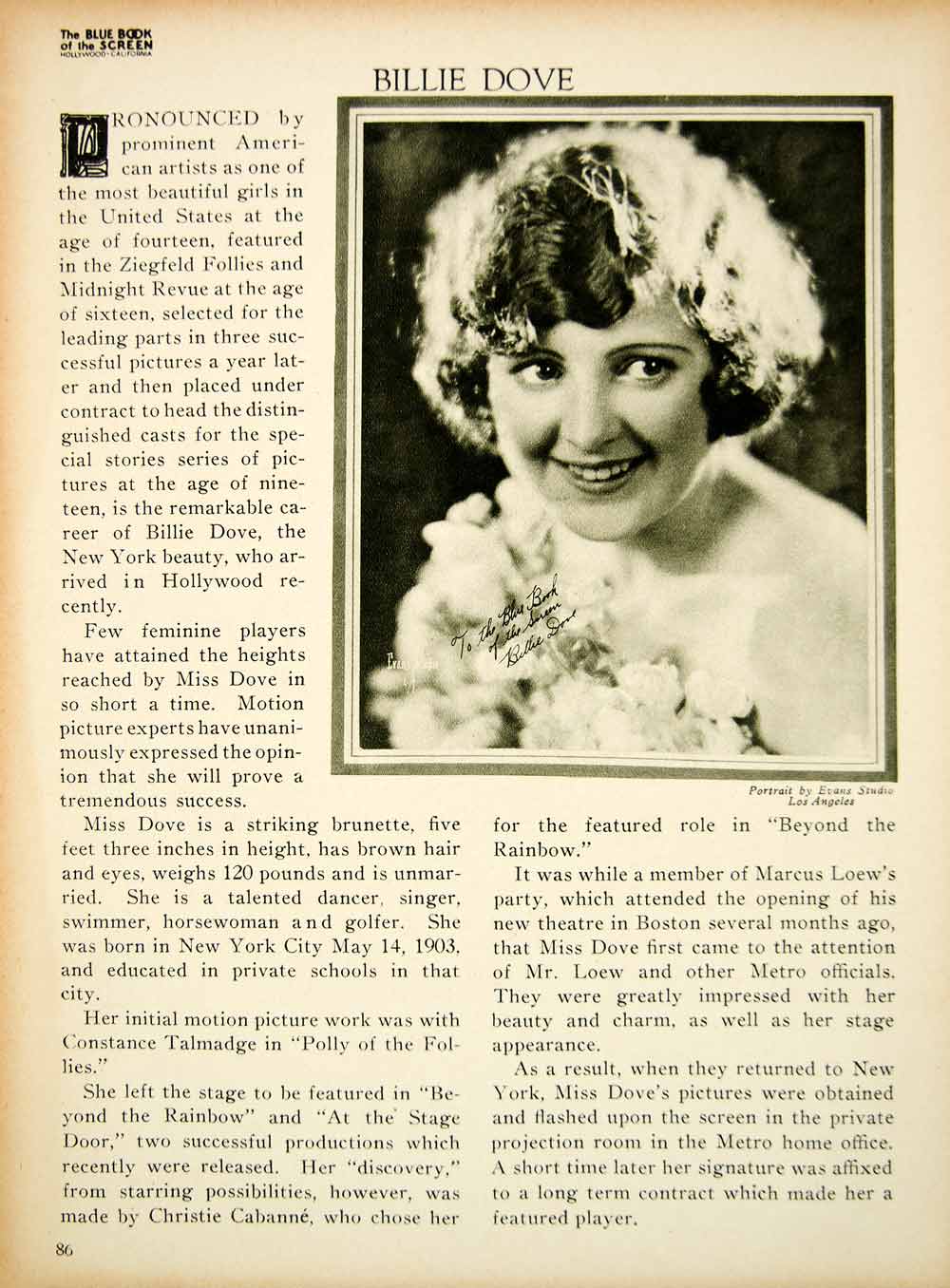 1923 Print Billie Dove Actress Silent Film Leading Lady Portrait Biography BBS2
