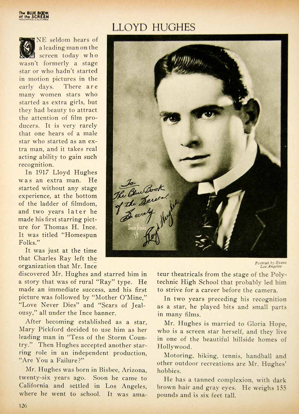 1923 Print Lloyd Hughes Silent Film Era Actor Movie Star Portrait Biography BBS2