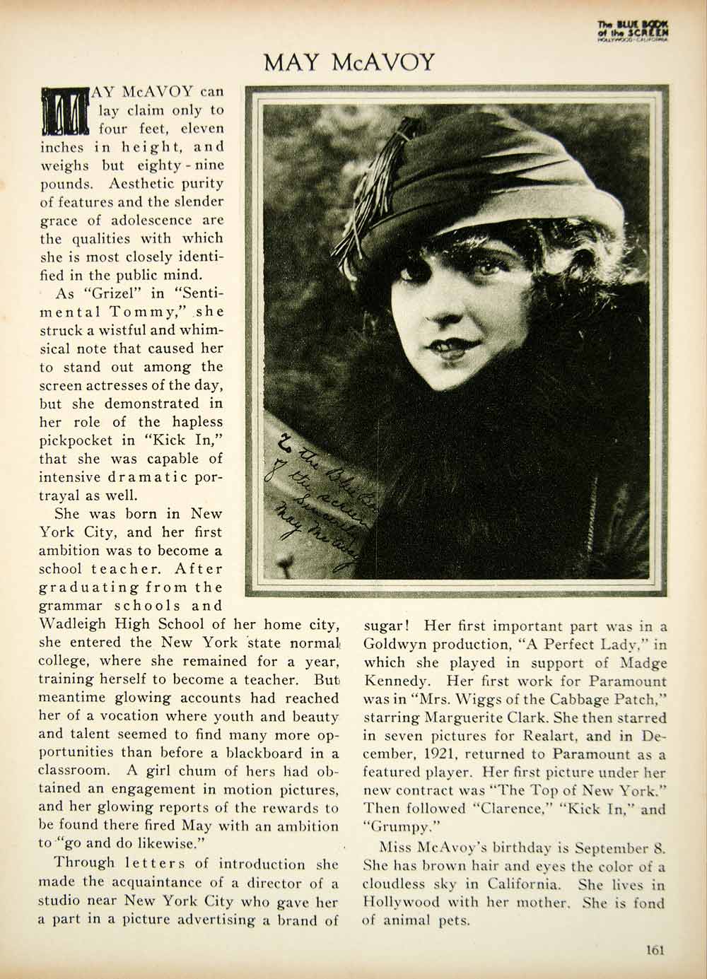 1923 Print May McAvoy Silent Film Actress Movie Star Hollywood Portrait Bio BBS2