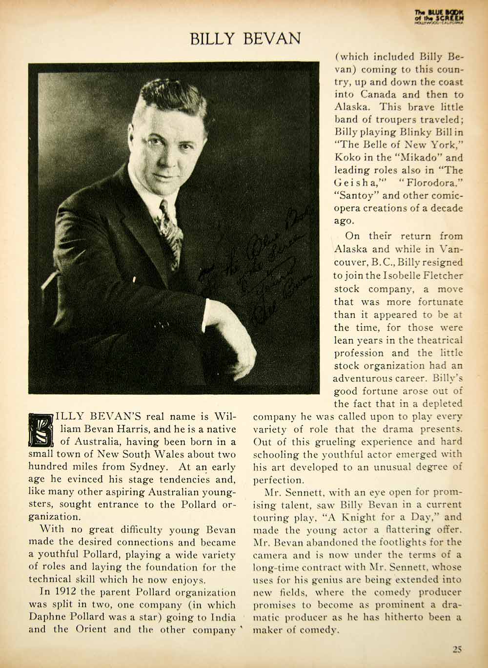 1923 Print Billy Bevan Harris Silent Film Actor Stage Australian Portrait BBS2