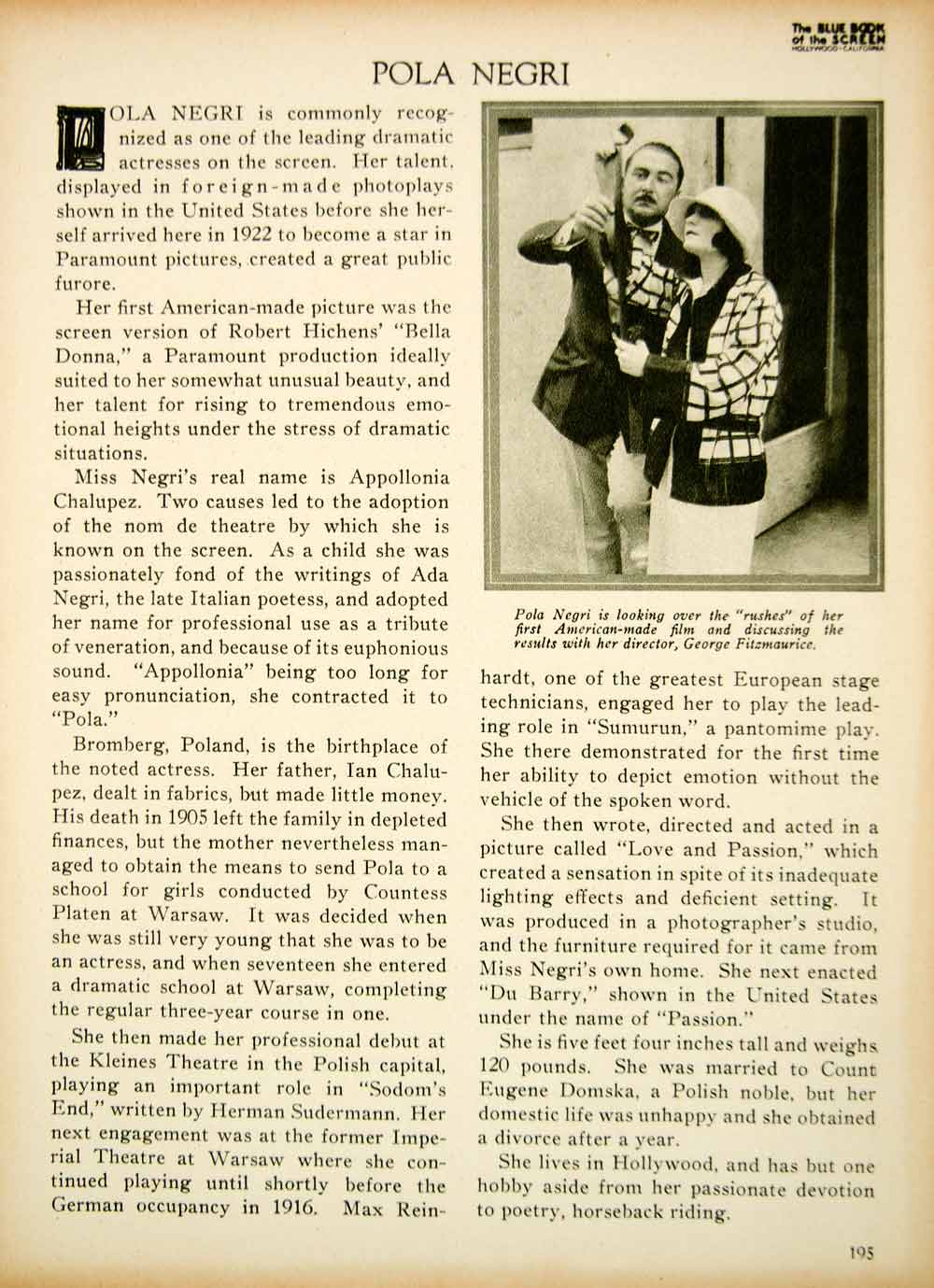 1923 Print Pola Negri Silent Film Actress Polish Movie Star Hollywood Bio BBS2