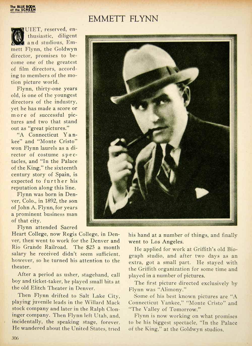 1923 Print Emmett Flynn Silent Film Director Hollywood Portrait Biography BBS2