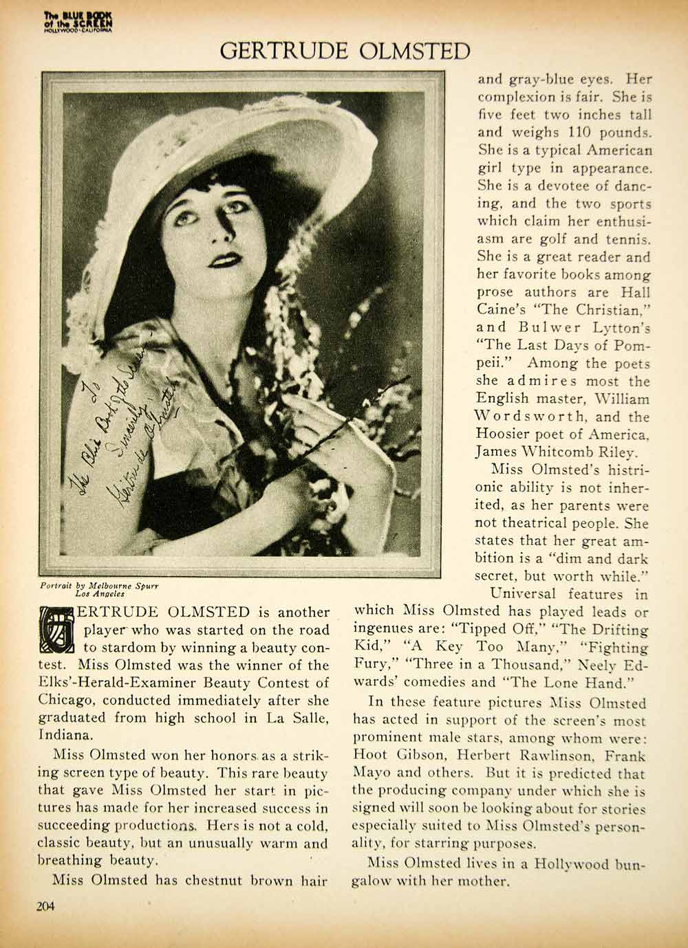 1923 Print Gertrude Olmstead Silent Film Actress Star Hollywood Biography BBS2