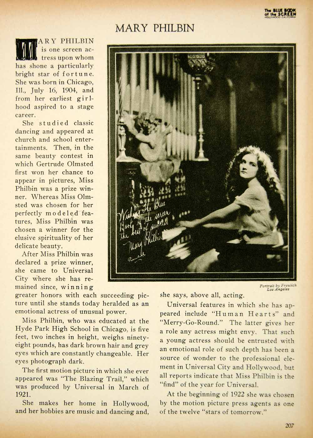1923 Print Mary Philbin Actress Silent Film Movie Star Portrait Biography BBS2