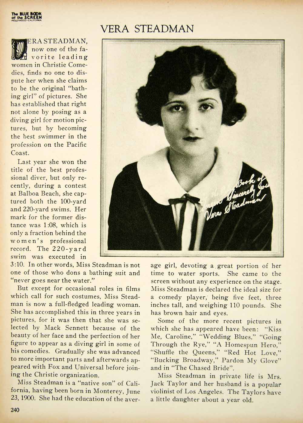 1923 Print Vera Steadman Silent Film Actress Movie Star Portrait Biography BBS2