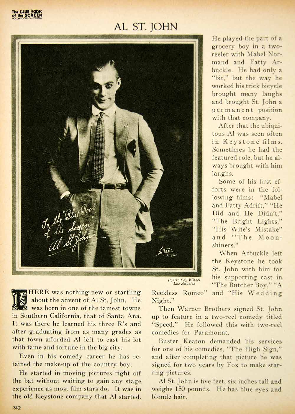 1923 Print Al St. John Actor Silent Film Comedy Fuzzy Q. Jones Biography BBS2