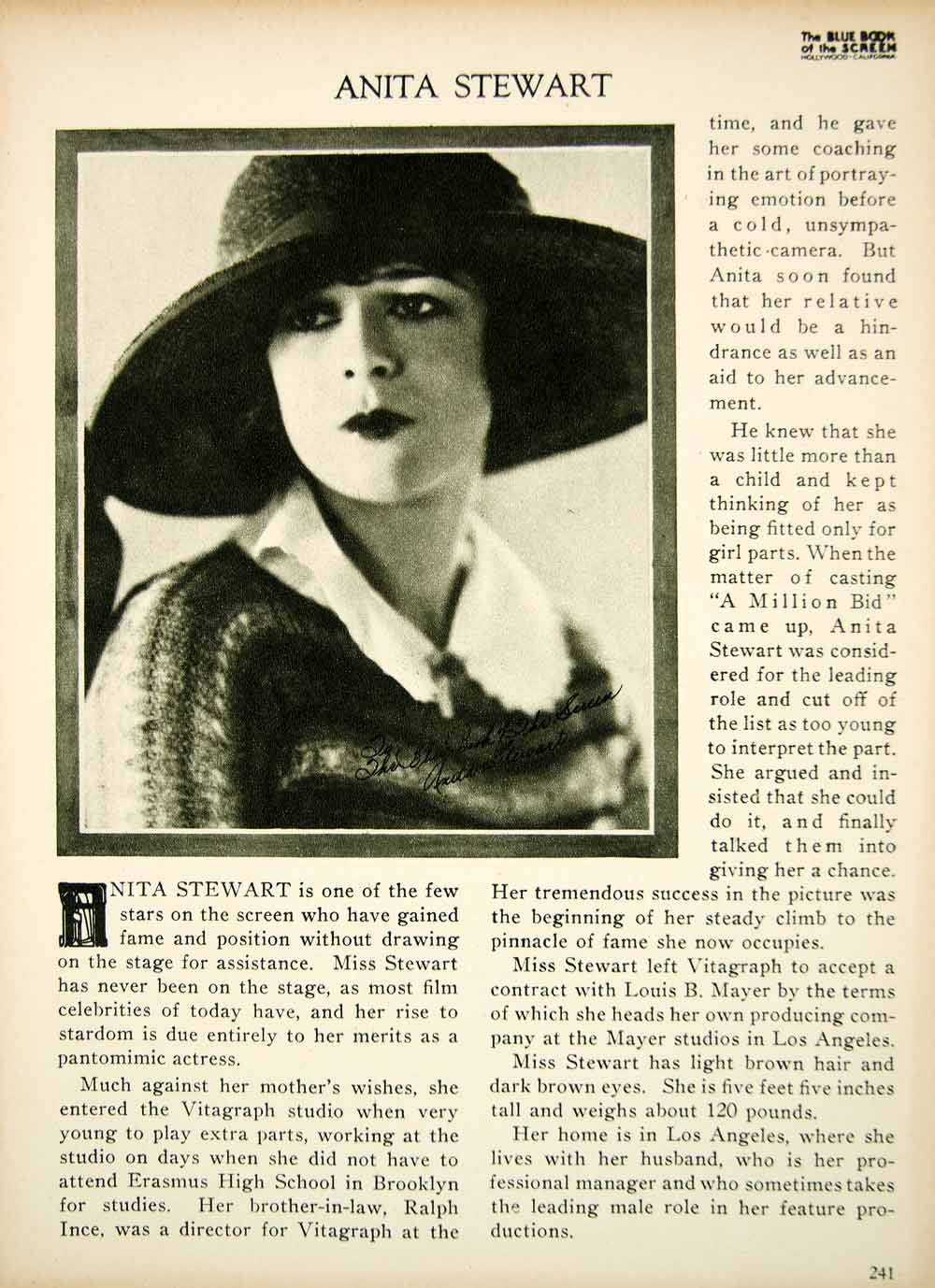 1923 Print Anita Stewart Actress Silent Film Producer Portrait Biography BBS2