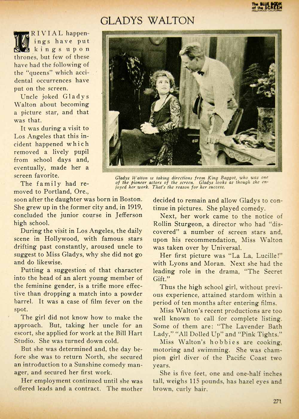 1923 Print Gladys Walton Actress Silent Film Stage Movie Star Biography BBS2