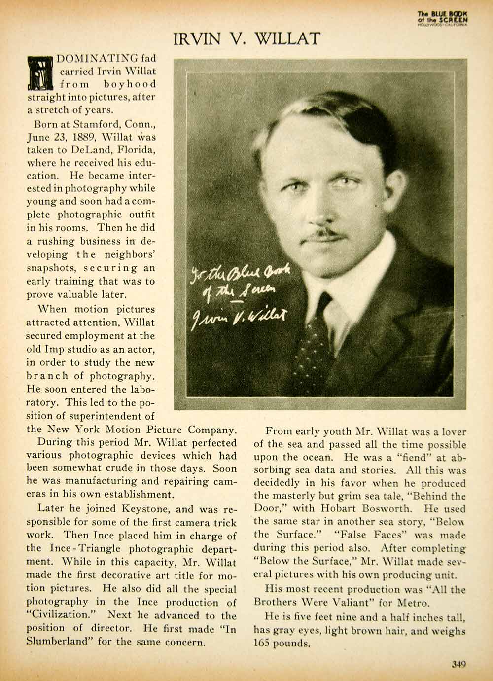 1923 Print Irvin V. Willat Silent Film Movie Director Portrait Biography BBS2