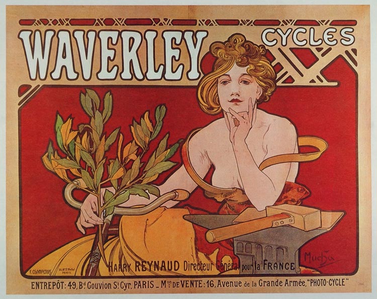 1973 Print Poster Alphonse Maria Mucha Art Waverley Bicycle Art Nouveau French