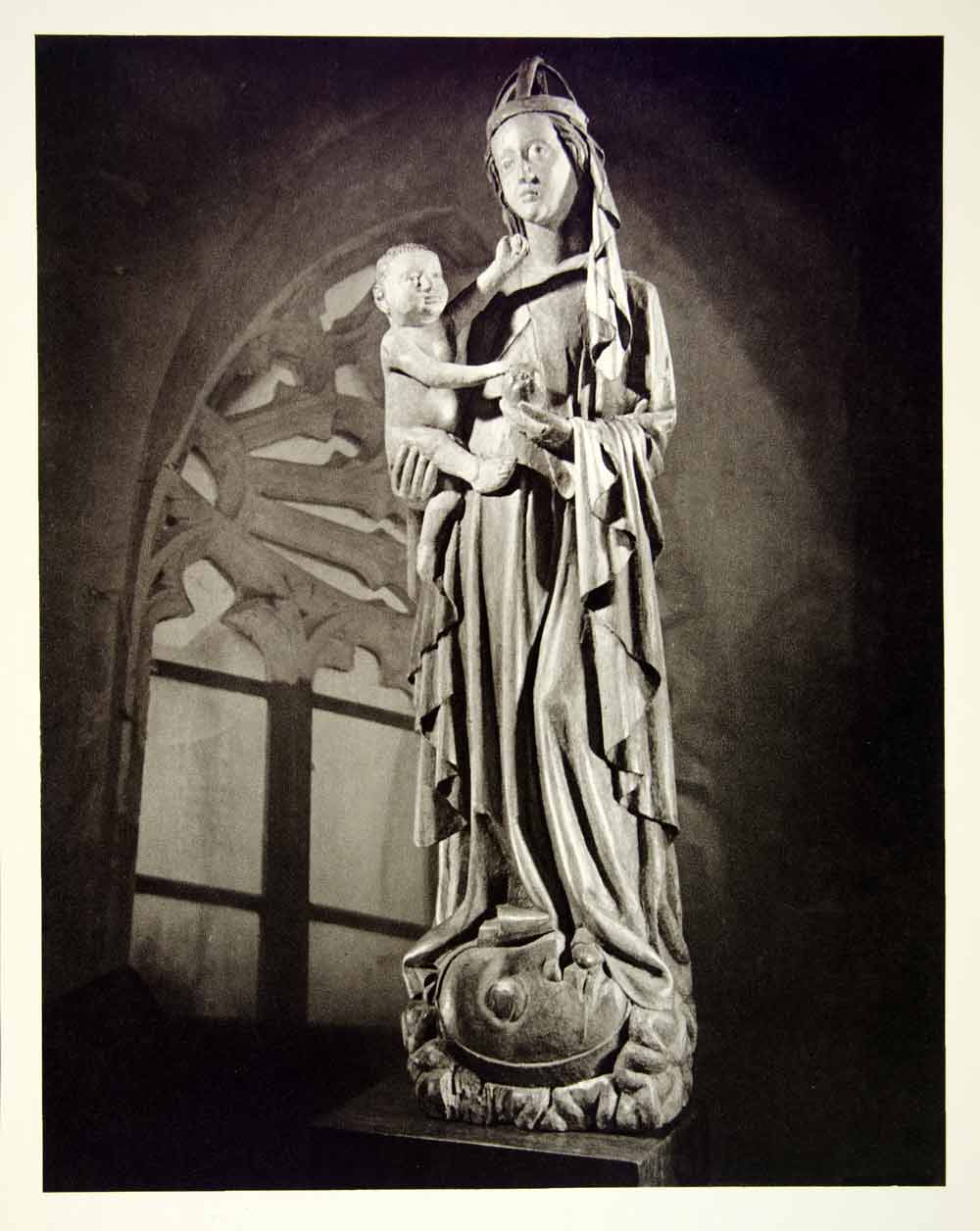 1960 Rotogravure Madonna Christ Child Crescent Moon Sculpture Statue Baby BOM1