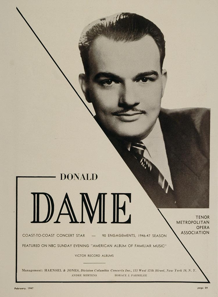 1947 Donald Dame Tenor Metropolitan Opera Booking Ad - ORIGINAL
