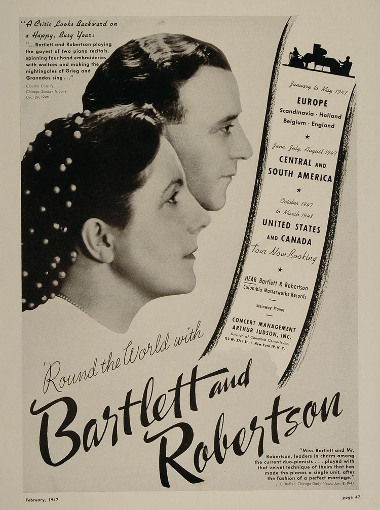1947 Bartlett Robertson Pianists Piano Duo Booking Ad - ORIGINAL