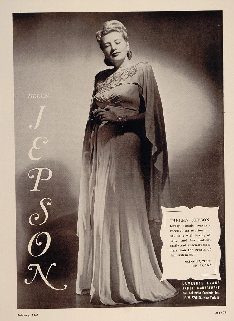 1947 Helen Jepson Soprano Lawrence Evans Booking Ad - ORIGINAL