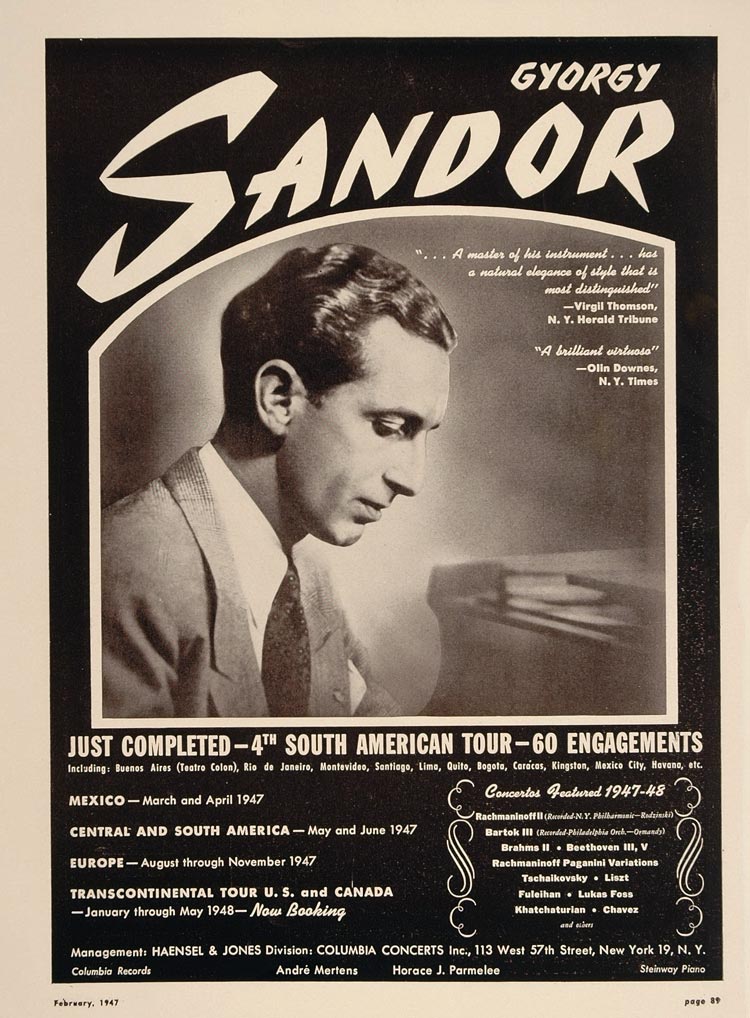 1947 Gyorgy Sander Pianist Piano Haensel Booking Ad - ORIGINAL