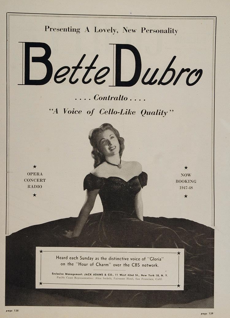 1947 Bette Dubro Contralto Jack Adams ORIG Booking Ad - ORIGINAL