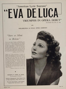 1947 Eva De Luca Soprano Opera Jack Adams Booking Ad - ORIGINAL