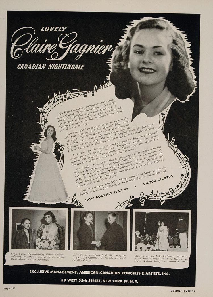 1947 Claire Gagnier Canadian Nightingale Booking Ad - ORIGINAL