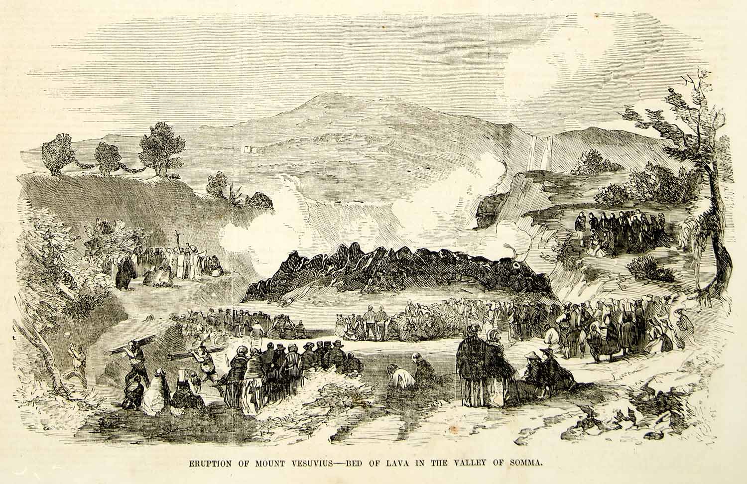 1855 Wood Engraving Eruption Mount Vesuvis Somma Valley Natural Disaster BP1