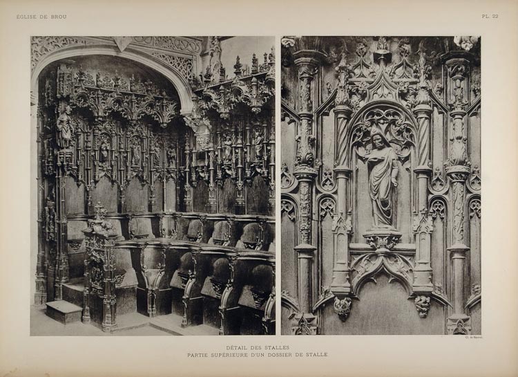 1911 Print Ornate Gothic Wood Carving Choir Bourg-en-Bresse Stalls Brou BRO1