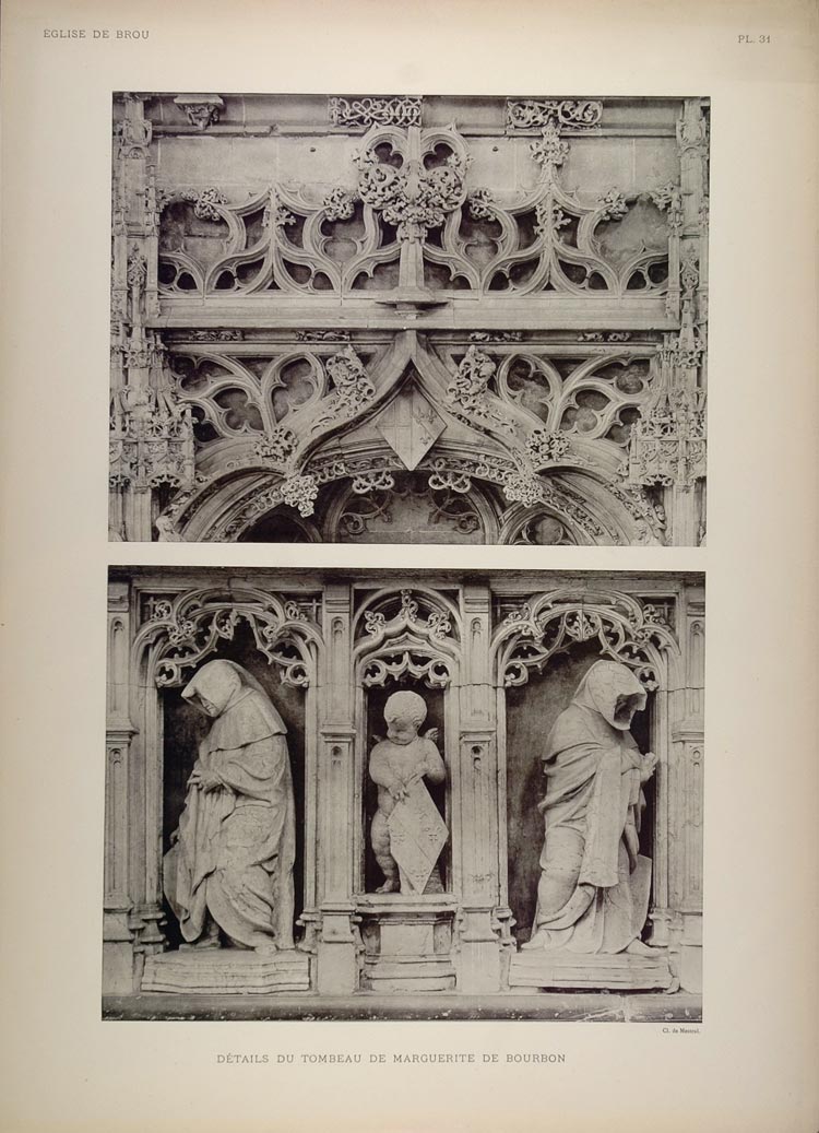 1911 Print Tomb Marguerite Bourbon Statues Brou Church - ORIGINAL BRO1