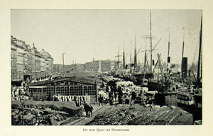1900 Print Stockholm Sweden Quay Docks City Cityscape Architecture Historic BVM1