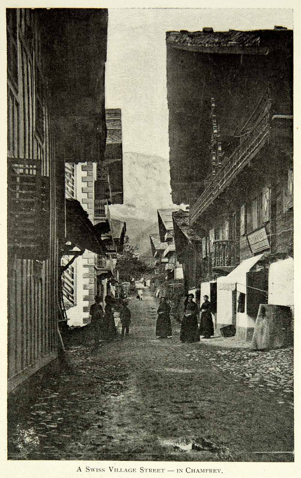 1902 Print Champery Village Street Switzerland Swiss Architecture Historic BVM1